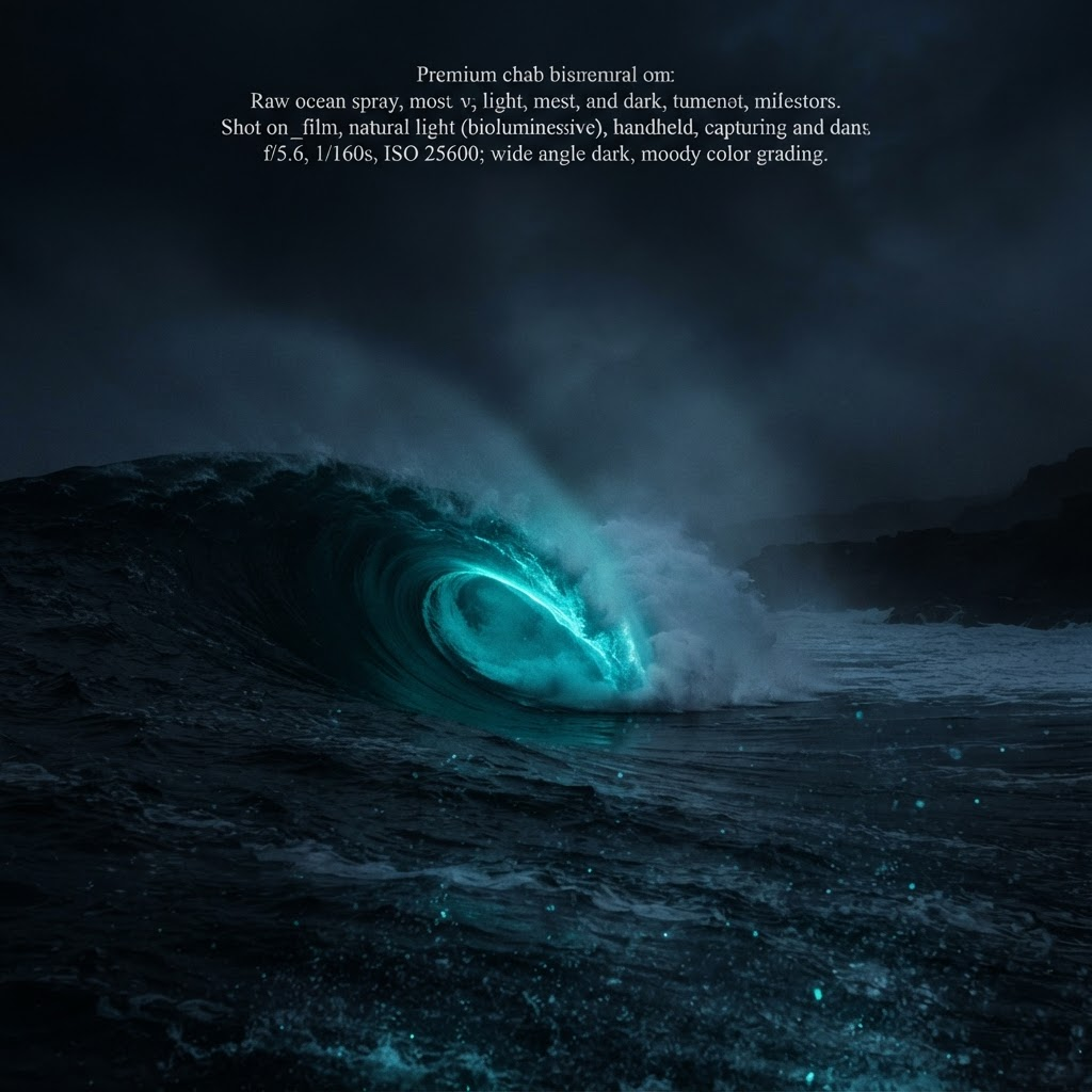 A dark cinematic barreling ocean wave lit with glowing teal light